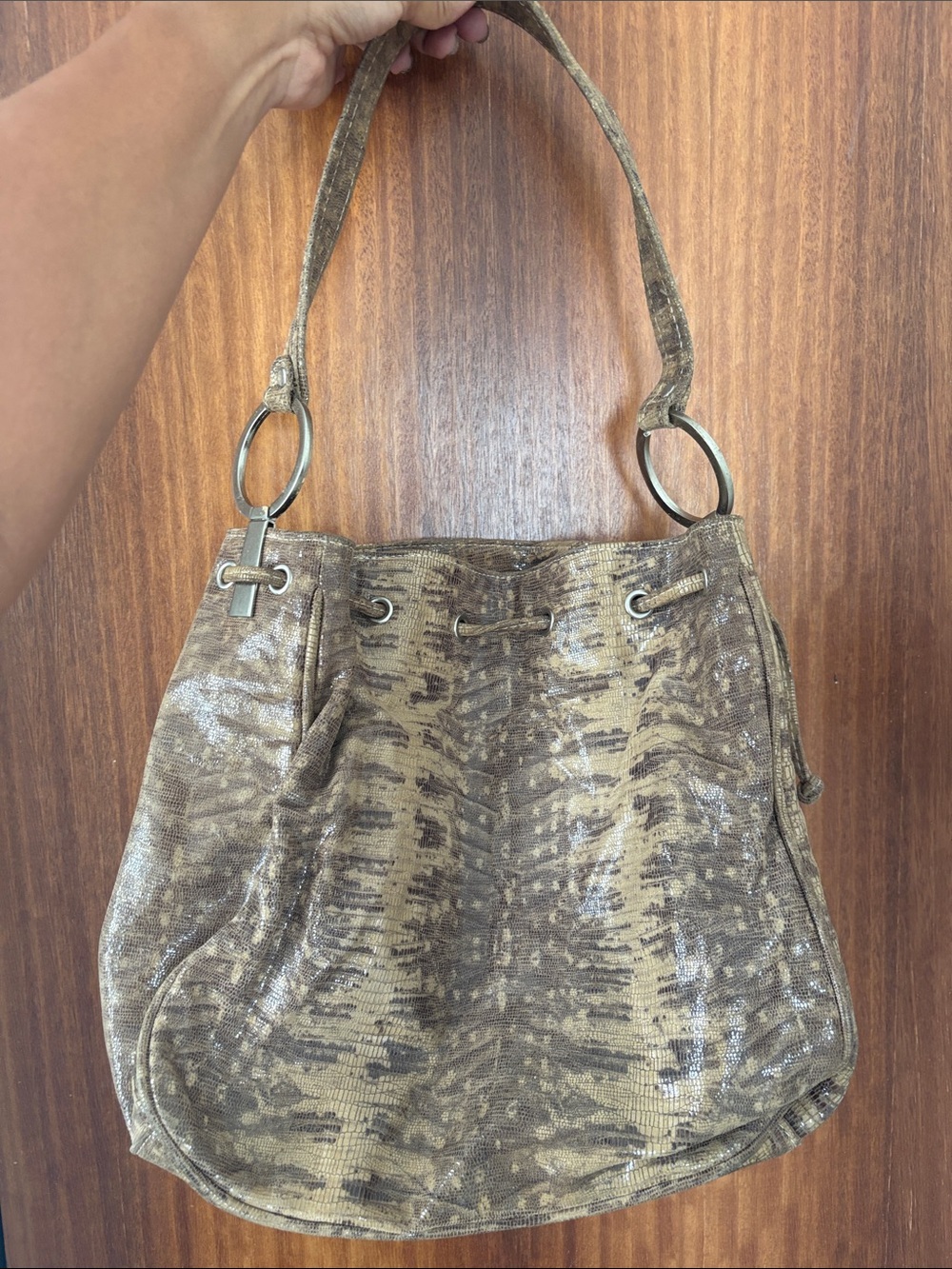 Women’s Leathery Animal Print Taupe Hobo Shoulder Bag